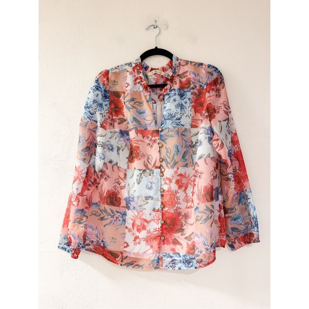 Soft Surroundings Patchwork Floral Sheer Long Sleeve Blouse in Red Blue Medium